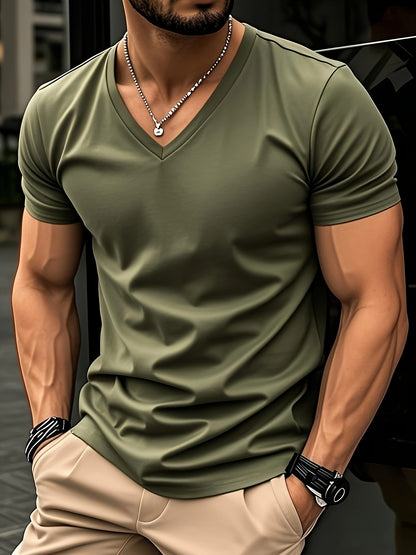 Men'S V-Neck Short Sleeve T-Shirt - Lightweight & Breathable, Casual Fit, Solid Black, Perfect for Summer, High-Quality Knit Fabric, Everyday Tshirt | Casual Style | Comfortable Fit