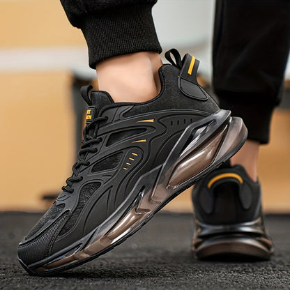 Men's Casual Sneakers - Breathable Low-Top Lace-Up Design, Durable PU Upper & Cushioned PVC Sole for All-Season Comfort - Black with Yellow Accents - Ideal for Running, Hiking, Daily Wear, Hiking Footwear, Stylish Contrast Ac