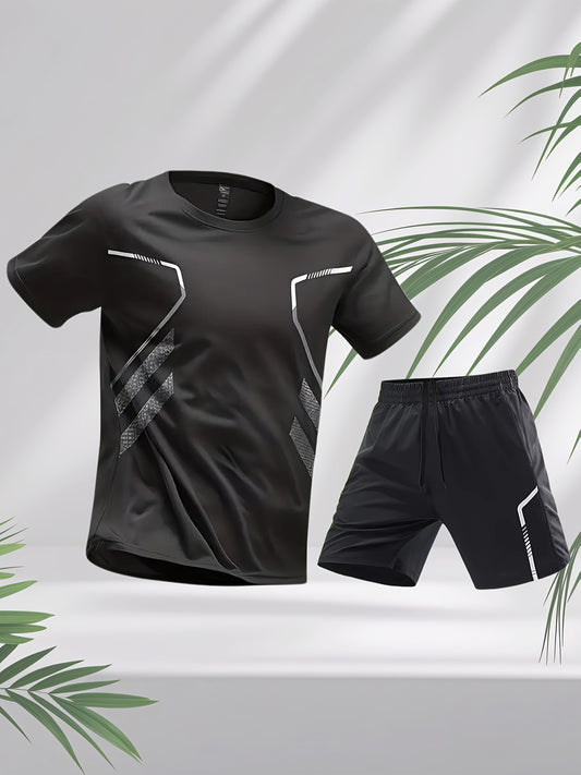 2pcs Men's Running Sportswear Set Summer Ice Sliky Fiber Fabric Quick-Dry Sweat-Absorbent Fitness Casual Short Sleeve Shorts Outfit