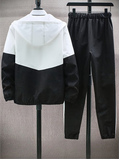 Men'S Casual Color Block Hoodie and Jogger Set, Long Sleeve, Regular Fit with Pockets, Suitable for Autumn and Winter