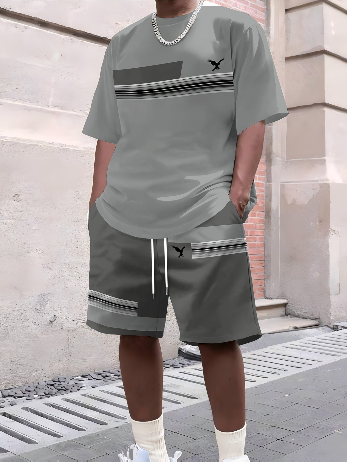 Men'S Casual Summer Two-Piece Athletic Wear Set - Light Blue T-Shirt with Green & White Stripes, Matching Shorts, Perfect for Daily Leisure, Vacation, and Sports, Casual Sportswear | Relaxed Fit Shorts | Stretchable Fabric