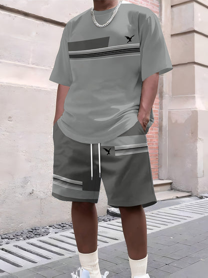 Men'S Casual Summer Two-Piece Athletic Wear Set - Light Blue T-Shirt with Green & White Stripes, Matching Shorts, Perfect for Daily Leisure, Vacation, and Sports, Casual Sportswear | Relaxed Fit Shorts | Stretchable Fabric