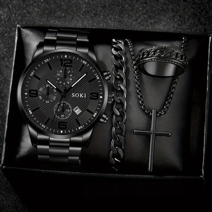 SOKI Men'S Casual Quartz Watch Set, 4pcs, Round Dial, Alloy Case, Stainless Steel Strap, Pointer Display, Calendar Feature, Non-Waterproof, Electronic Movement, Battery Powered, with Silvery Cross Pendant Necklace Ring Bracel