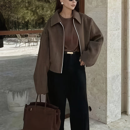 Women'S Short Casual Jacket - Elegant Lapel Collar Windbreaker Coat, All-Season Chic Outerwear for Everyday & Formal Events, Machine Washable H-Silhouette Jacket, Cute Jacket, Versatile Layering Piece, Easy-Care Blend