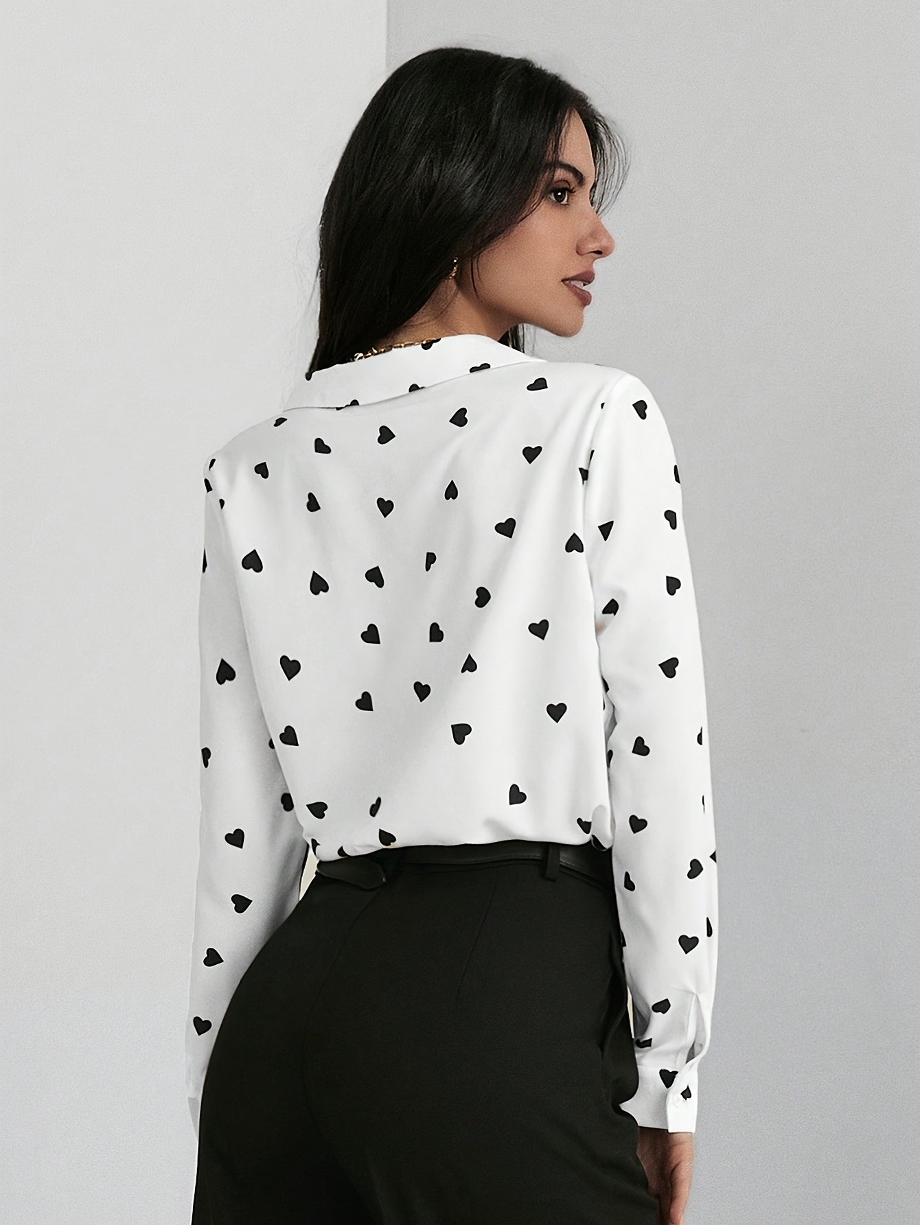 Elegant Women's Heart Pattern Long Sleeve Button-Up Shirt - Semi-Sheer, Polyester, Machine Washable - Perfect for Spring/Fall