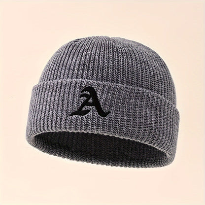 1pc Unisex Classic Brimless Hat With Adjustable Rolled Cuff, Simple Letter Pattern Knitted Hat, Suitable For Winter Daily Wear