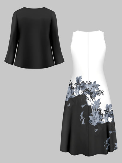 Fashion Women's solid color small cardigan and floral print patchwork dress two-piece set