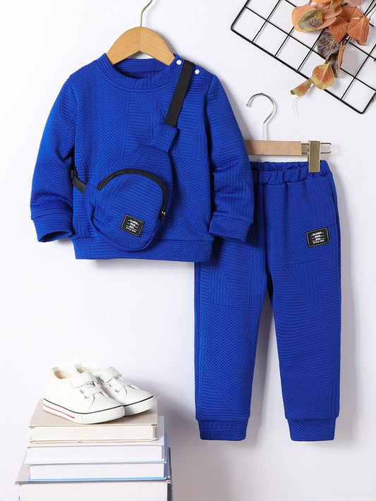 3pcs Set for Boys: New Autumn Shoulder Button Plain Round Neck Sweater, Trousers and Crossbody Bag, Casual and Fashionable Three-piece Set