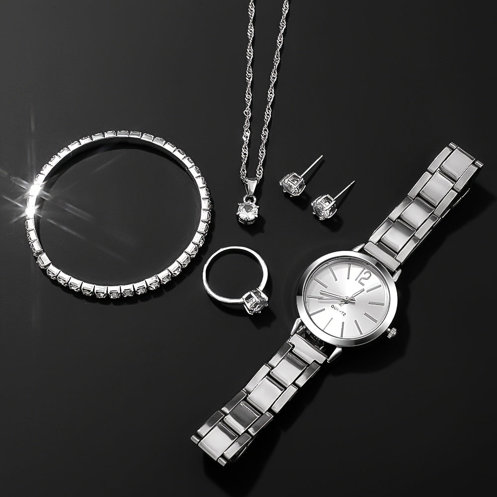 6pcs New Stylish And Simple Women'S Quartz Watch Set with Sparkling Rhinestone Accessories, Perfect for Weddings, Christmas, Thanksgiving, Valentine'S Day, Ramadan, Gifts for Girlfriends And Family, And The Best Choice for Bi