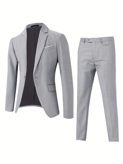 2pcs Men's Elegant Business Casual Suit Set - Includes Classic Lapel Blazer & Dress Pants, Polyester/Rayon Blend, with Pockets - Perfect for Weddings & Formal Occasions