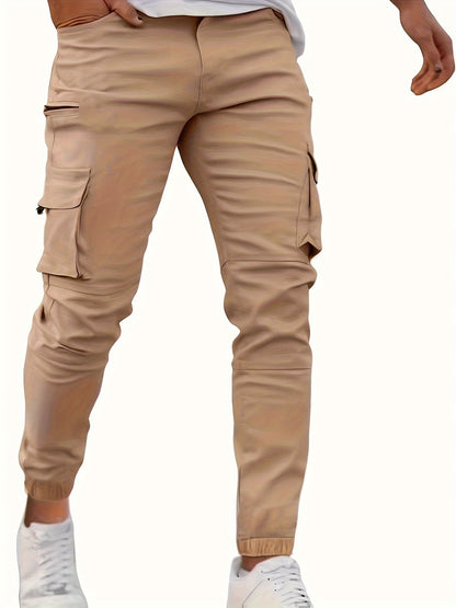 Men's Solid Color Multi-pocket Cargo Pants With Drawstrings, Casual Stylish Sports Trousers As Gift