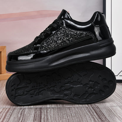 Men's Low-Top Casual Sneakers - Black Sparkling Embellishments, Breathable PU Upper & EVA Cushioned Sole, Lace-Up Comfortable Walking Shoes for Men & Women, Comfortable Footwear | Sleek Shoe Design | Flexible Footwear