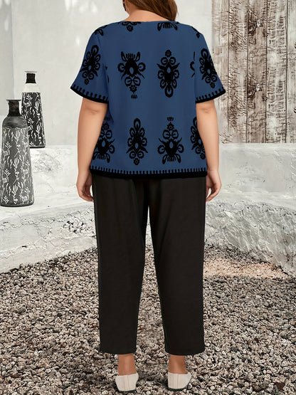 Plus Size Casual Country Print Loose Long Sleeve Pullover and Pants Two-Piece Set, Elegant Autumn Leonie