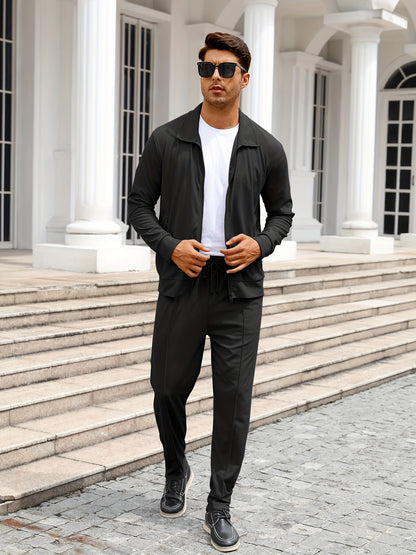 Men's Solid Waffle 2pcs Athletic Outfits, Zip-up Jacket & Pants co ord set for Outdoor Sports