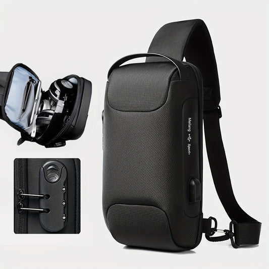 Men's Lightweight Crossbody Backpack with USB Charging Port & Password Lock, Adjustable Anti-Theft Shoulder Bag for Travel, Commuting, Daily Use - Durable Polyester Casual Daypack, Secure Travel Bag | Minimalist Backpack | Sl