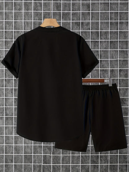 2pcs Printed Men's Summer Short Sleeve Button Shirt and Shorts Set