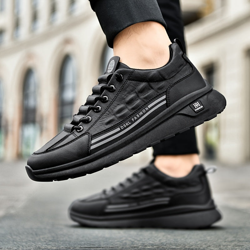 Men's Breathable Casual Sneakers - Comfortable, Versatile & Stylish Shoes for Running, Sports & Casual Attire, Black with White Accents, PU Upper & PVC Sole, Round Toe, Lace-Up Design, All-Season Use