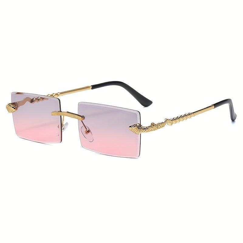 Vintage Style Square Rimless Glasses with Snake Design, Zinc Alloy Frame, Black Lenses, ENSARJOE
