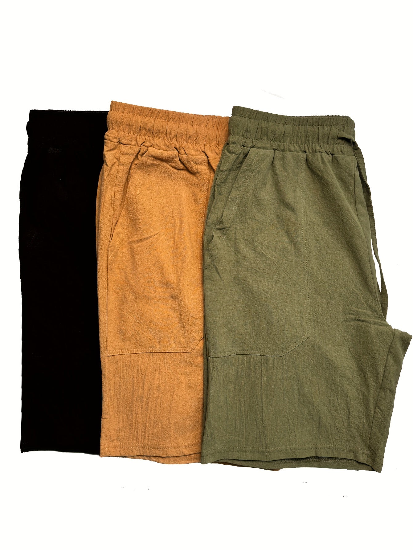 Men's Summer Cotton Drawstring Elastic Waist Straight-Leg Solid Color Breathable Casual Beach Shorts - 3pcs