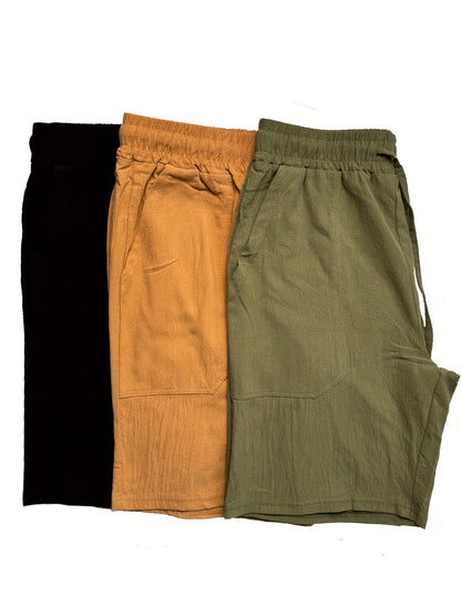 Men's Summer Cotton Drawstring Elastic Waist Straight-Leg Solid Color Breathable Casual Beach Shorts - 3pcs