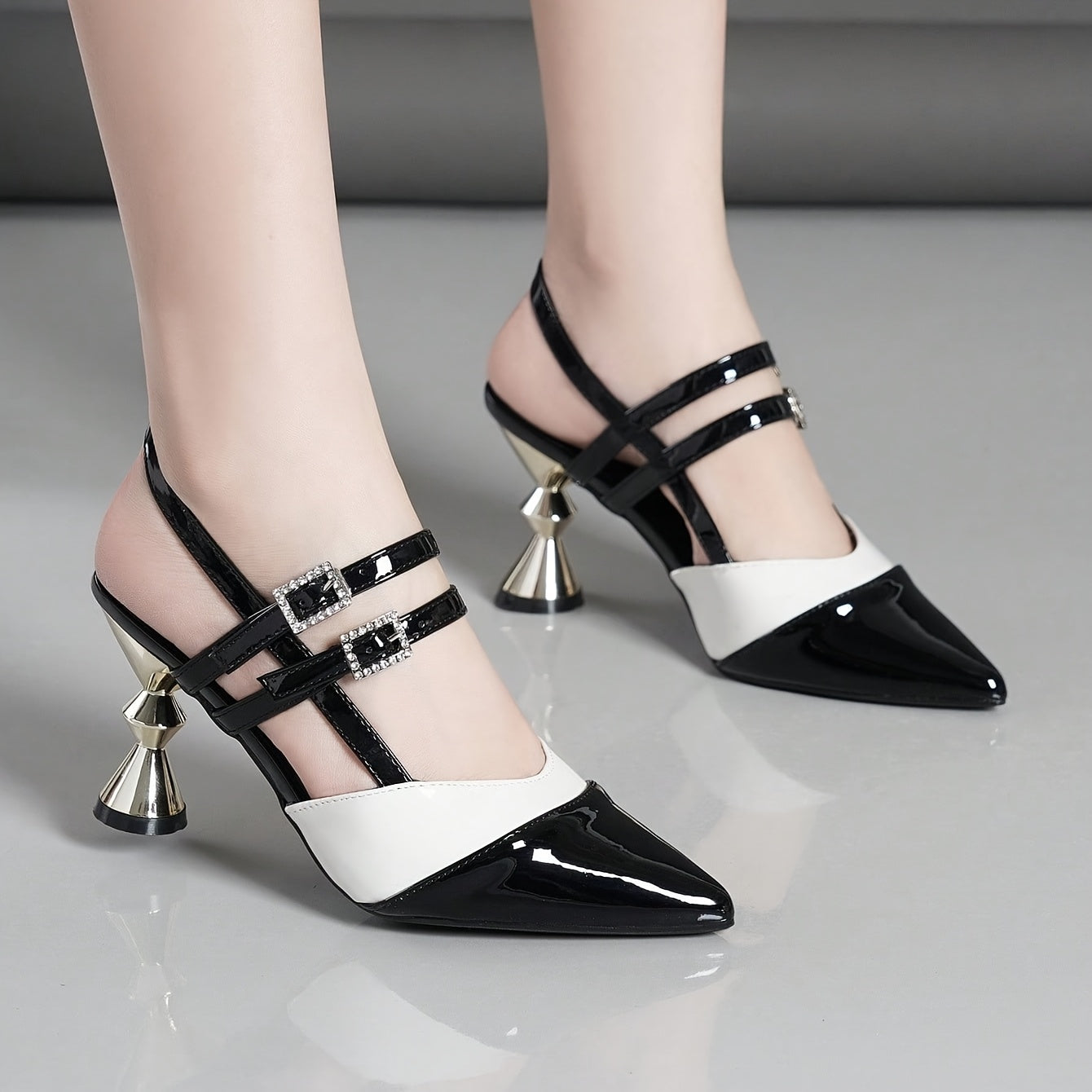 Women'S Black & White Block Heel Pumps - Pointed Toe, Synthetic Cover, Rubber Sole, High Heel Dress Shoes for Summer, Elegant Office & Formal Wear, High Heel Shoe
