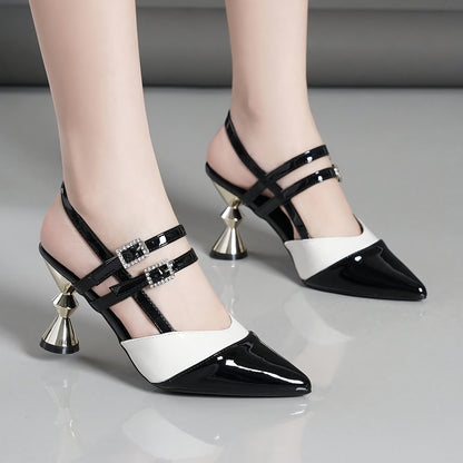 Women'S Black & White Block Heel Pumps - Pointed Toe, Synthetic Cover, Rubber Sole, High Heel Dress Shoes for Summer, Elegant Office & Formal Wear, High Heel Shoe