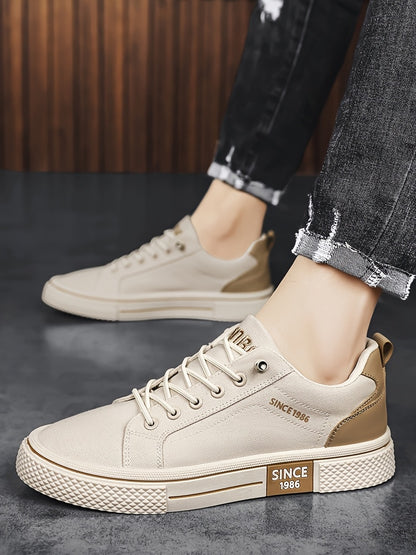 Men's Casual Low-Top Sneakers - Breathable Fabric & Durable PVC Sole, Black & Beige Contrast Design, Lace-Up Round Toe for All-Season Comfort, Versatile for Casual & Semi-Formal Wear, Comfortable Footwear, Fabric Upper
