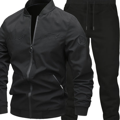 2pcs Men's Classic Bomber Jacket & Jogging Pants Set - Sleek Black with Letter Embroidery, Elastic Cuffs & Waistband, Durable Polyester, Perfect for Outdoor Activities & Casual Wear, Jogging Suits