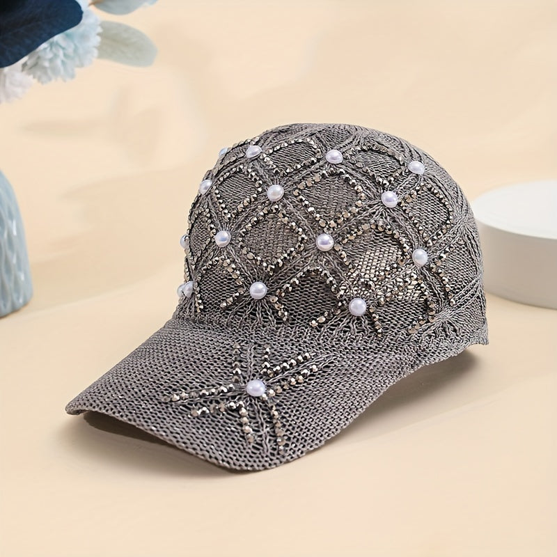 Women'S Adjustable Four-Leaf Clover Faux Pearl Baseball Cap - Breathable Mesh Summer Hat with Snap Closure, Stylish Black Design for Spring/Summer, Summer Headwear | Fashionable Headwear | Mesh Fabric Ca