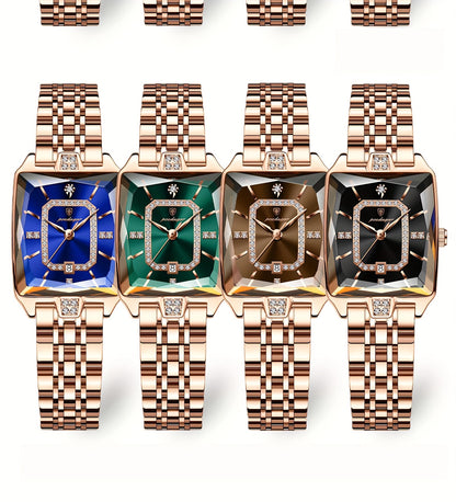 POEDAGAR Elegant Women's Quartz Watch - Rose Golden Stainless Steel, (3ATM), Square Dial with Gemstone Accents, Date Display, Luxury Fashion Accessory for Casual or Formal Occasions