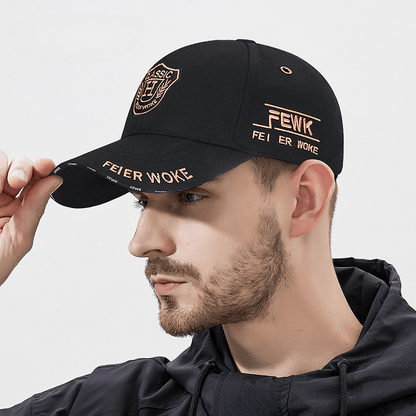 FEWK Unisex Baseball Cap | Breathable Polyester | Adjustable Fit | Embroidered Logo & Golden Badge | Stylish Streetwear for Spring/Autumn, Outdoor Headwear | Golden Badge Design | Durable Cap