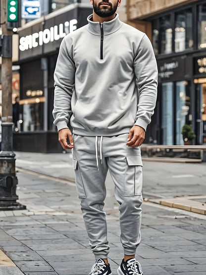 Versatile Ensemble, Men's Casual 2pcs Set: Heavyweight Zip-Up High Neck Sweatshirt & Pocketed Work Pants - Solid Color, Plush Fabric for Fall/Winter