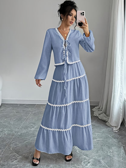 Women'S New Arrival Black and White Ruffled Lace Trim Long Sleeve Shirt with Tie Waist Umbrella Skirt Set, Stylish Elegant Vacation Commute Daily Wear Date Party Two-Piece Outfit Suitable for All Seasons