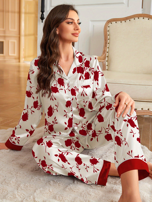 Elegant Satin Pajama Set for Women, Long Sleeve and Pants, Floral Print, Lapel Collar, All Season Basics, 90% Polyester 10% Elastane, Woven Fabric, Comfortable Sleepwear