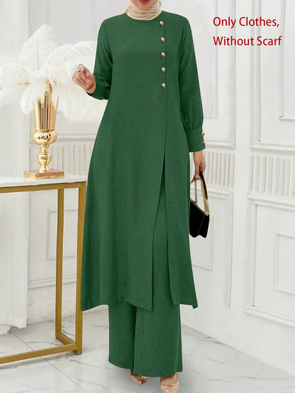 Ramadan, Women's Front-Button Long Sleeve Slit Dress & Pants Casual Arabic Style 2pcs Set, Only Clothes, Without Headscarf