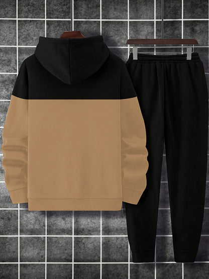 Men'S Fall/Winter Casual Polyester Sweatsuit Set - Long Sleeve Hooded Top with Letter Print & Patchwork Design, Regular Fit Drawstring Joggers, Knit Fabric, Slight Stretch