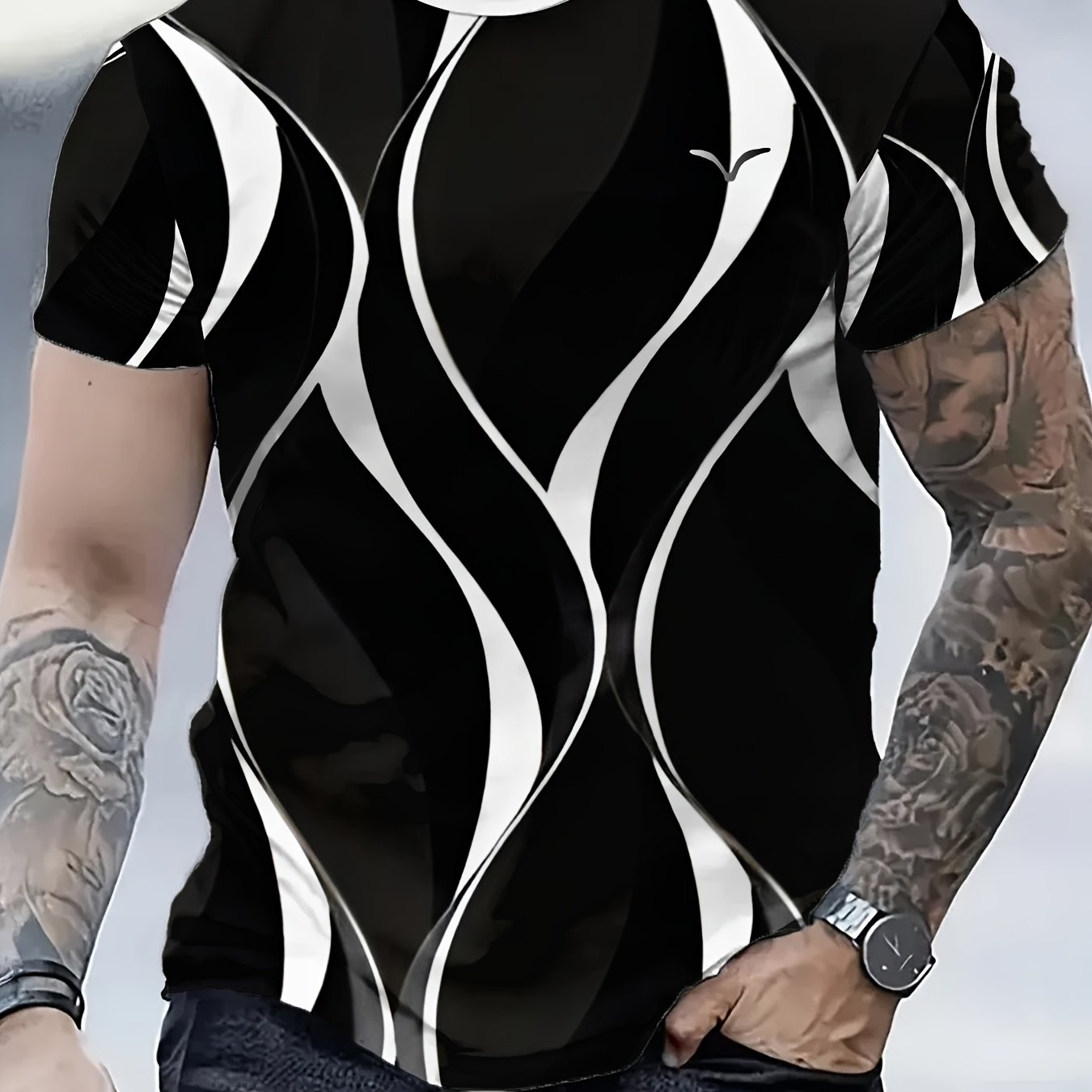 Men'S 3D Lightning Print T-Shirt, Casual Crew Neck Short Sleeve Tee, Summer Knit Polyester Blend Top, Slight Stretch, Black & White Geometric Pattern, Regular Fit, Fashionable Tshirt | Modern Casual Style | Polyester Blend
