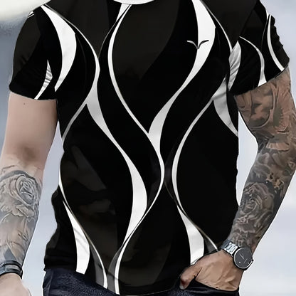 Men'S 3D Lightning Print T-Shirt, Casual Crew Neck Short Sleeve Tee, Summer Knit Polyester Blend Top, Slight Stretch, Black & White Geometric Pattern, Regular Fit, Fashionable Tshirt | Modern Casual Style | Polyester Blend