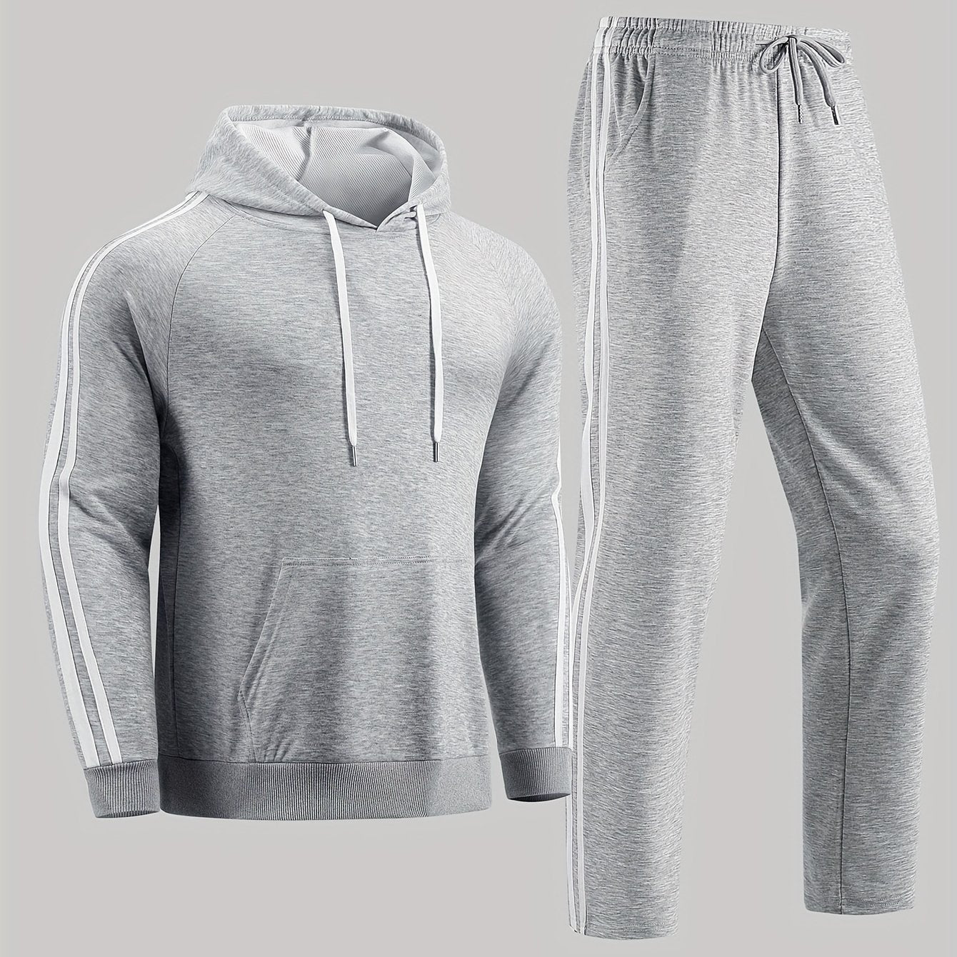 A Set of Two Men'S Casual Sports Outfits, Featuring a Striped Design with Moderately Soft Fabric, Suitable for Outdoor Running And Fitness Activities in All Seasons.