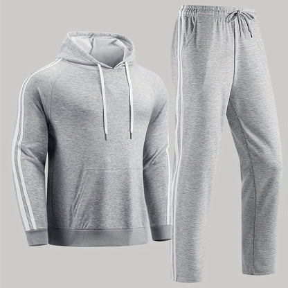 A Set of Two Men'S Casual Sports Outfits, Featuring a Striped Design with Moderately Soft Fabric, Suitable for Outdoor Running And Fitness Activities in All Seasons.