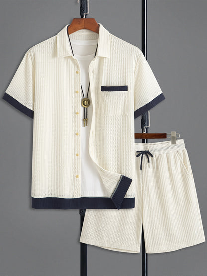 Men'S Casual Fashion Two-Piece Set Featuring a Short-Sleeve Open-Collar Solid Color Spliced Shirt Paired with Solid Color Drawstring Shorts, Made from Soft, Breathable, High-Quality Knitted Textured Fabric, Offering a Trendy