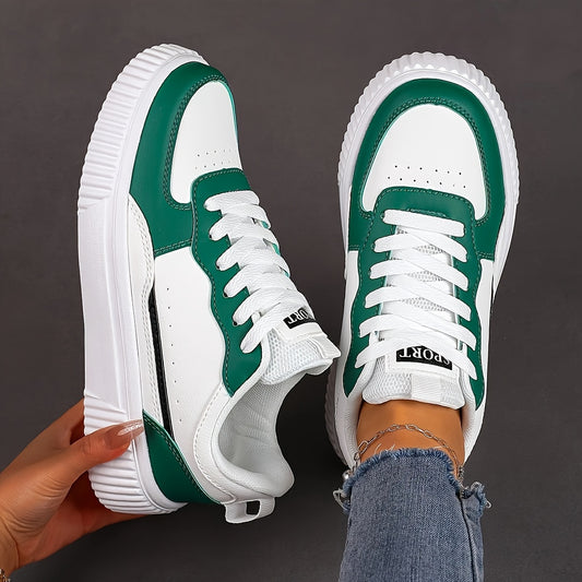 Unisex Low-Top Sneakers - White & Green colorblock design, Lace-Up Closure, Cushioned EVA Sole - All-Season Casual Shoes for Men & Women - Skateboarding, Everyday, Formal Events - Easy-Clean Synthetic Cover Upper, Everyday Fo