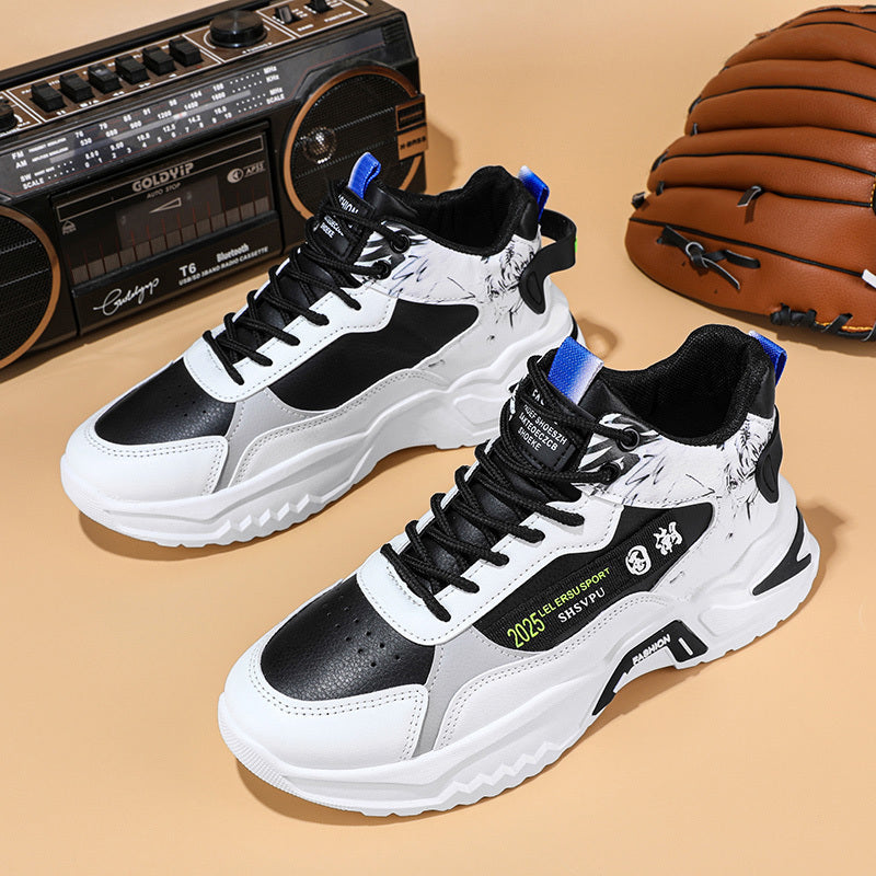 Men's Sneakers - Thick Platform Cushioned Sole, Lace-Up Closure, PU Upper & Non-Slip PVC Outsole - All-Season Gym, Casual, Everyday Sneakers - Black/White Colorway - Affordable Men's Footwear, Casual Walking, Trendy Kicks, Co