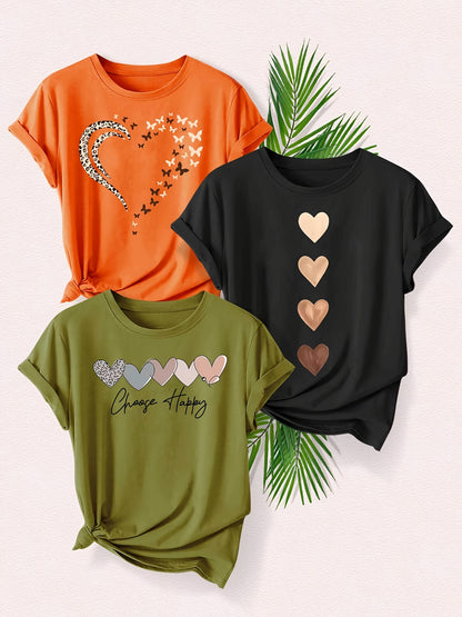 Leopard Print Small Butterfly Love Hearts in Pairs with English Letter Pattern Printed Fashion Retro Style Women's Spring, Autumn and Winter Casual Sports Top Round Neck Short Sleeve T-shirt 3pcs Combination Pack Family Pack