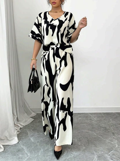 -Yy0207476-2pcs Women'S V-Neck Short-Sleeved Black And White Printed Casual Top And Pants Set