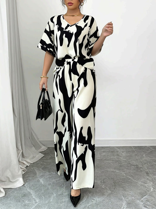 -Yy0207476-2pcs Women'S V-Neck Short-Sleeved Black And White Printed Casual Top And Pants Set