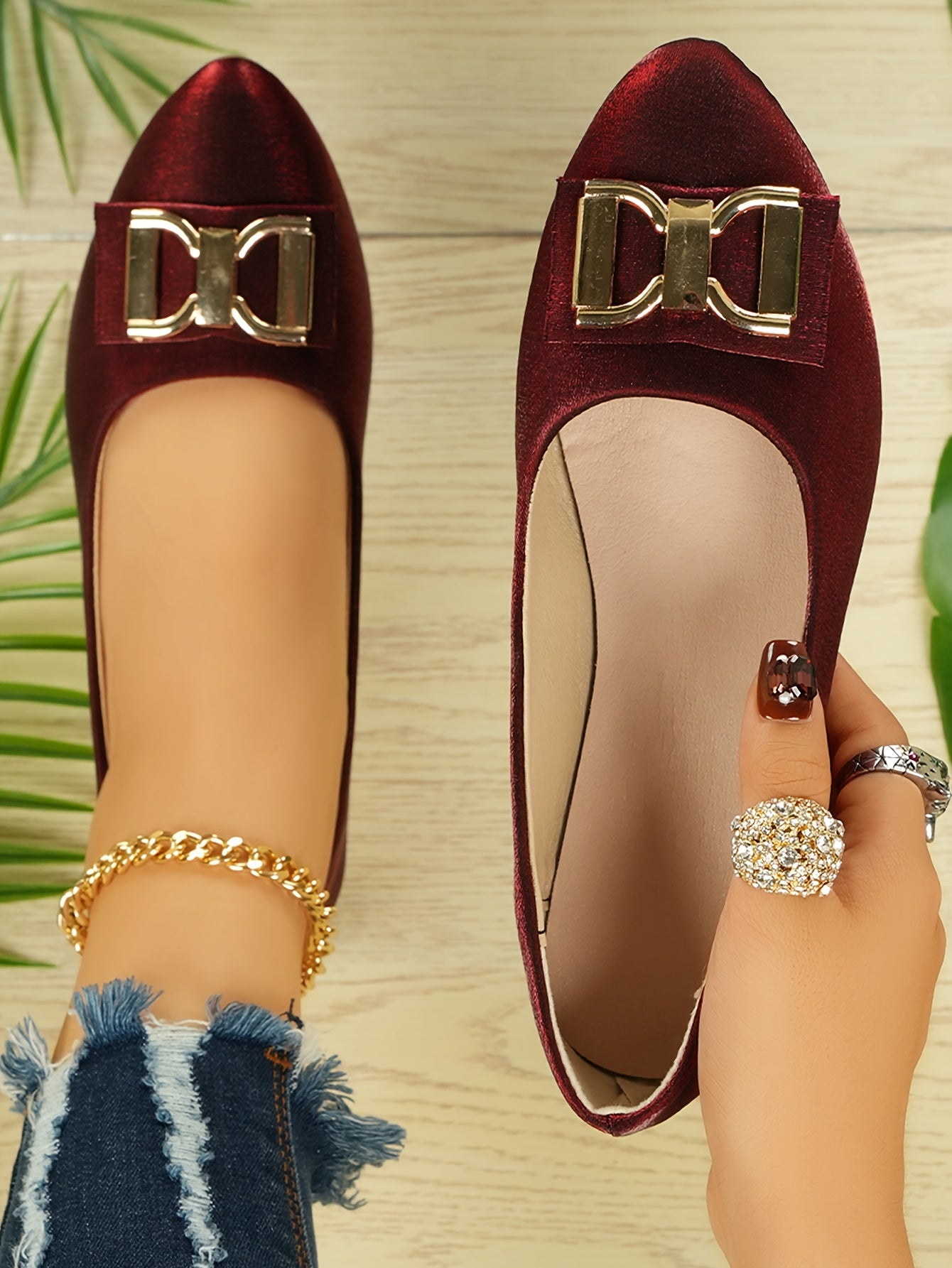 Women's Elegant Red Slip-On Flats with Golden Double Buckle Design - Comfortable Faux Cover Shoes for All Seasons, Pointed Toe Rubber Sole, Perfect for Casual or Dressy Occasions, Dressy Flats | Buckle Embellished Shoes | Lux