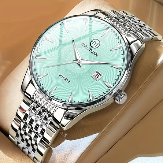 MAOYUAN Men'S Luxury Stainless Steel Quartz Watch with Date Display and Luminescent Hands - Elegant Green Dial, Metal Bracelet, Perfect for Business and Casual Attire, Ideal Gift for Men, Casual Watch | Elegant Watch | Quartz