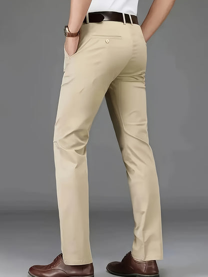 [Durable Build] Men's All-Season Casual Dress Pants - Business Style Stretch Trousers, Comfortable Classic Design, Light Brown Polyester Blend, Machine Washable, Smooth Finish, Regular Fit for Office or Leisure Wear