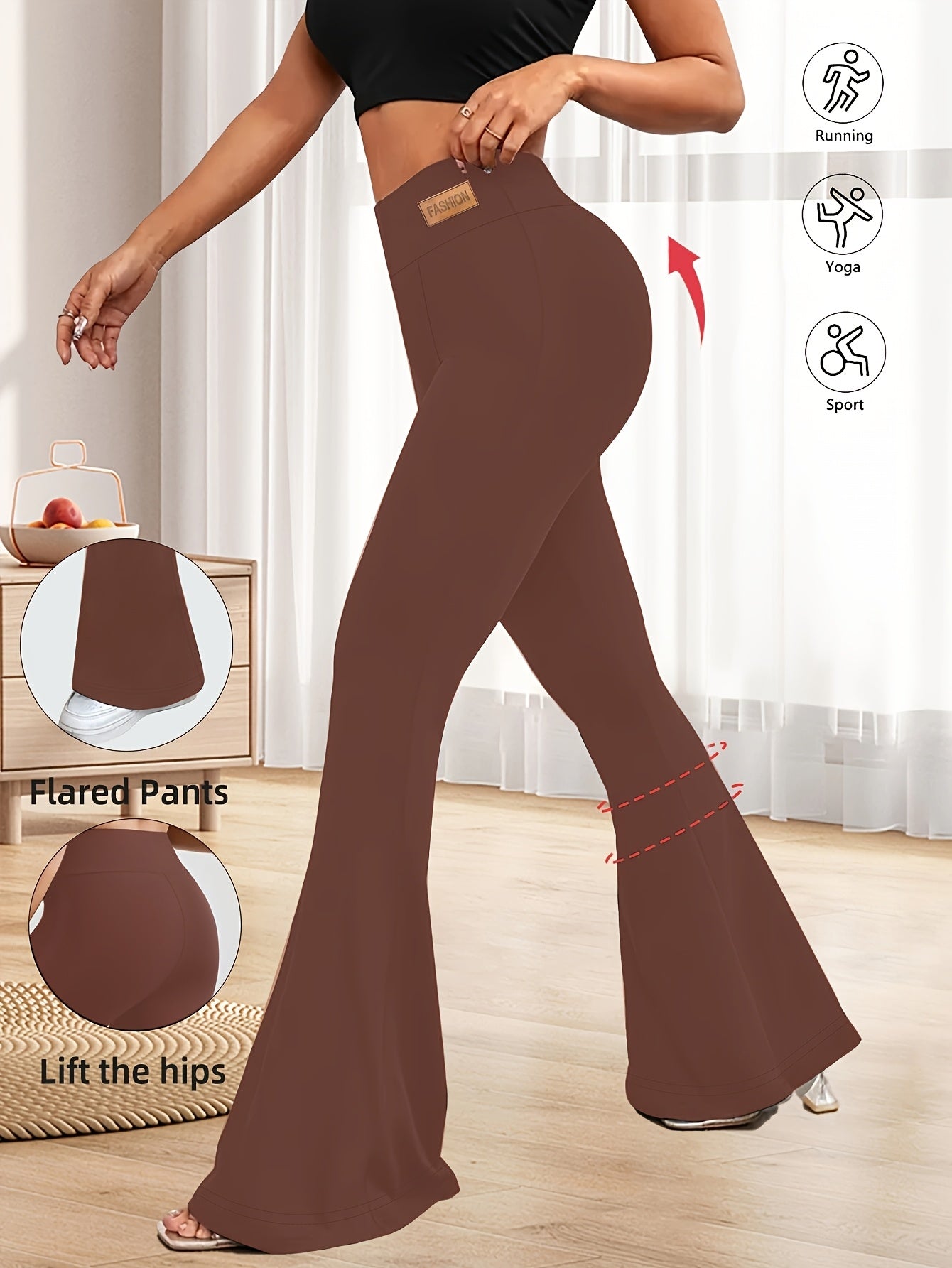 High-Waisted Flared Leggings for Women - Stretchy Black Polyester Pants with Tummy Control, Slimming Fit, and Breathable Design for Spring/Summer/Fall Casual Wear, Spring Summer Leggings | Fitted Leggings | Elastic Waistband